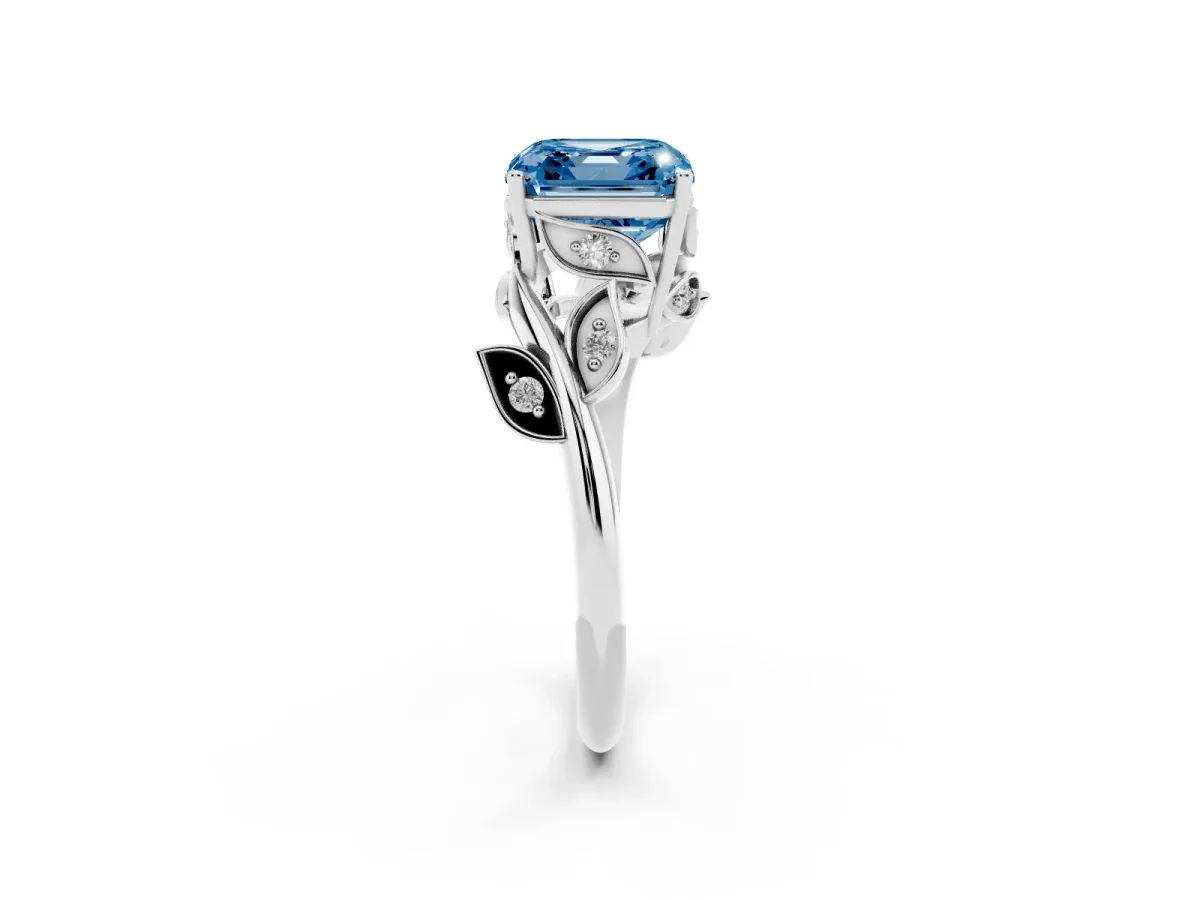 Fancy Blue Asscher Cut Solitaire Twist Engagement Ring with Leaf Accents and Prong Setting Silver