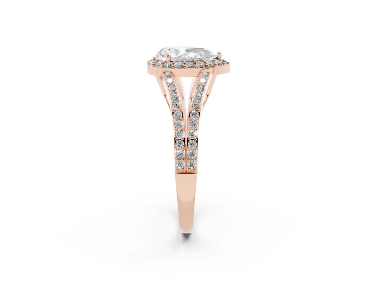 Pear Cut Halo Split Shank Diamond Ring with Prong Setting Rose gold