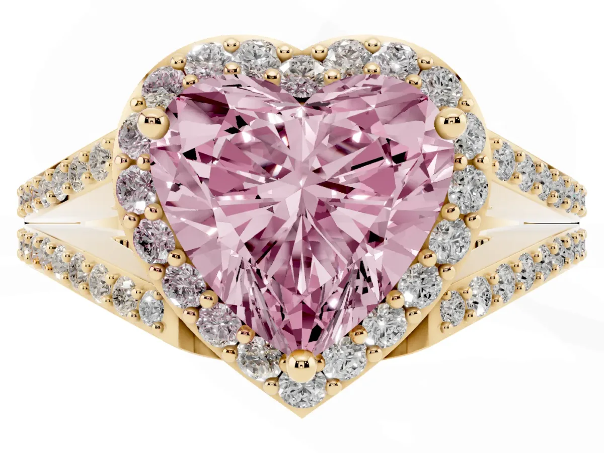 Fancy Pink Heart Cut Halo Split Shank Diamond Ring with Prong Setting Yellow gold