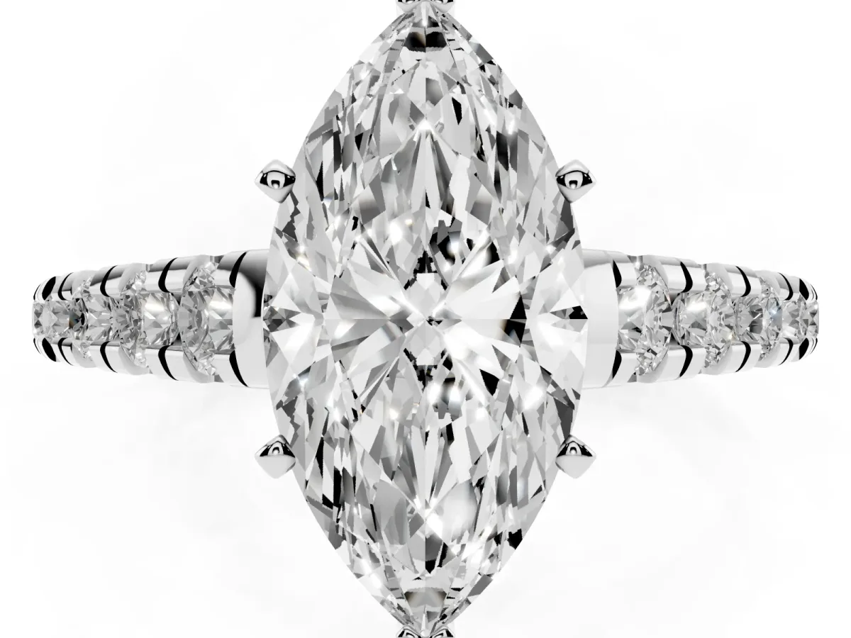 Marquise Cut Diamond Cathedral Solitaire Ring with Round Pavé Band Silver