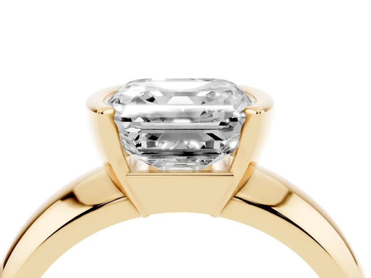 Asscher Cut Solitaire Tension Set Diamond Ring with Wide Band Yellow gold