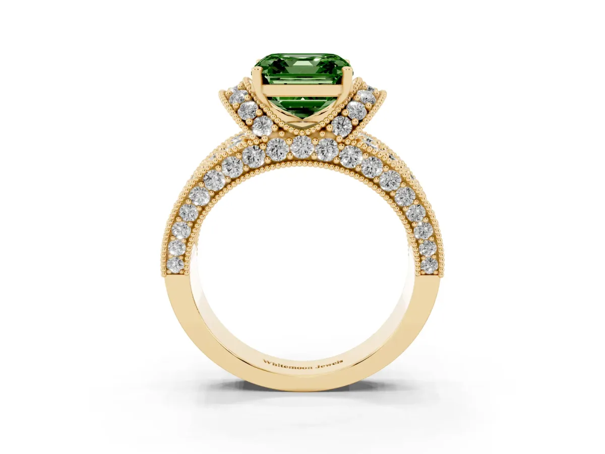 Fancy Green Asscher Cut Halo Pave Diamond Engagement Ring with Milgrain Detailing Yellow gold