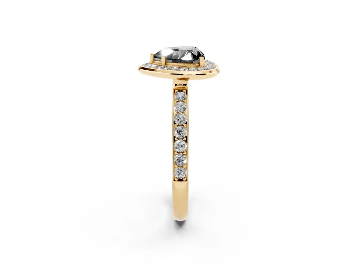 Fancy Black Heart Cut Diamond Halo Ring with Bezel Frame and Pavé Band Yellow gold