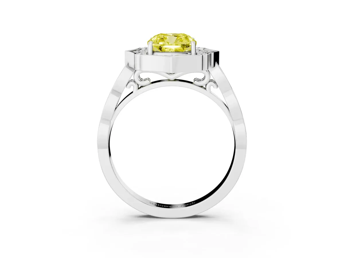 Fancy Yellow Cushion Cut Halo Diamond Engagement Ring with Milgrain Band and Four-Prong Setting White gold