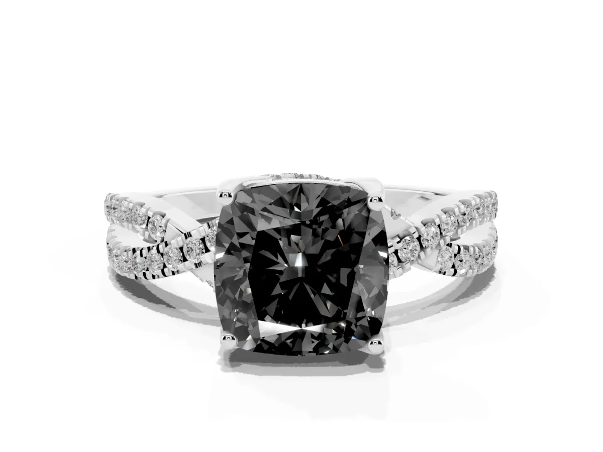 Fancy Black Cushion Cut Solitaire Twist Pave Diamond Engagement Ring with Prong Setting Silver