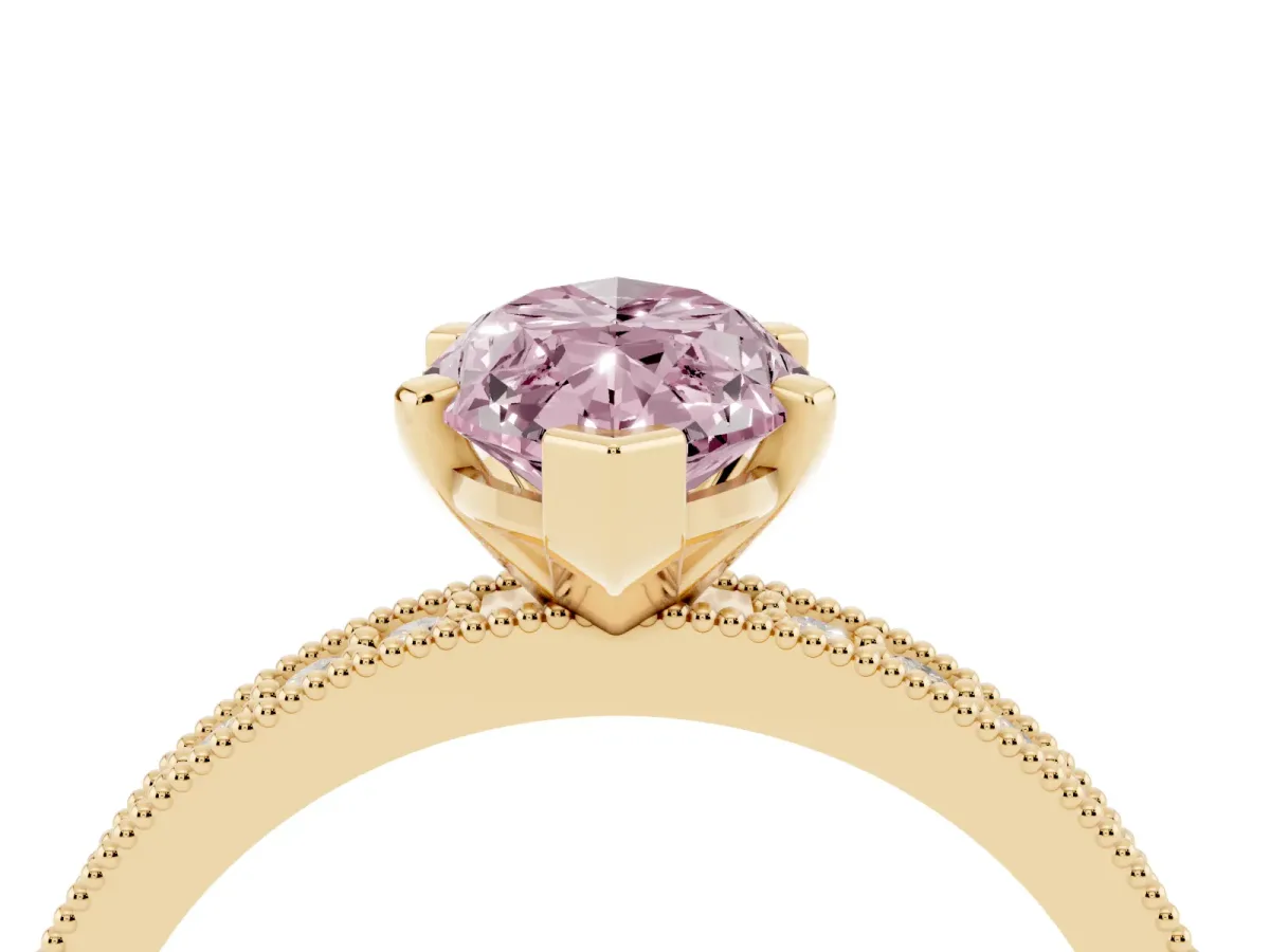 Fancy Pink Marquise Cut Diamond Milgrain Pavé Engagement Ring with Four-Prong Setting Yellow gold