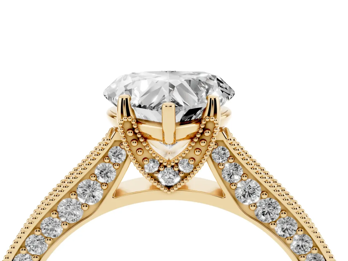 Heart Cut Cut Diamond Solitaire Ring with Milgrain Pave Band and Four Prong Setting Yellow gold