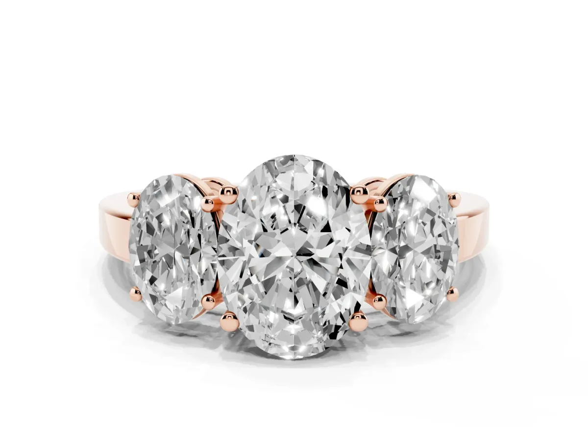 Three-Stone Oval Cut Cut Diamond Engagement Ring with Flat Band and Four-Prong Setting Rose gold