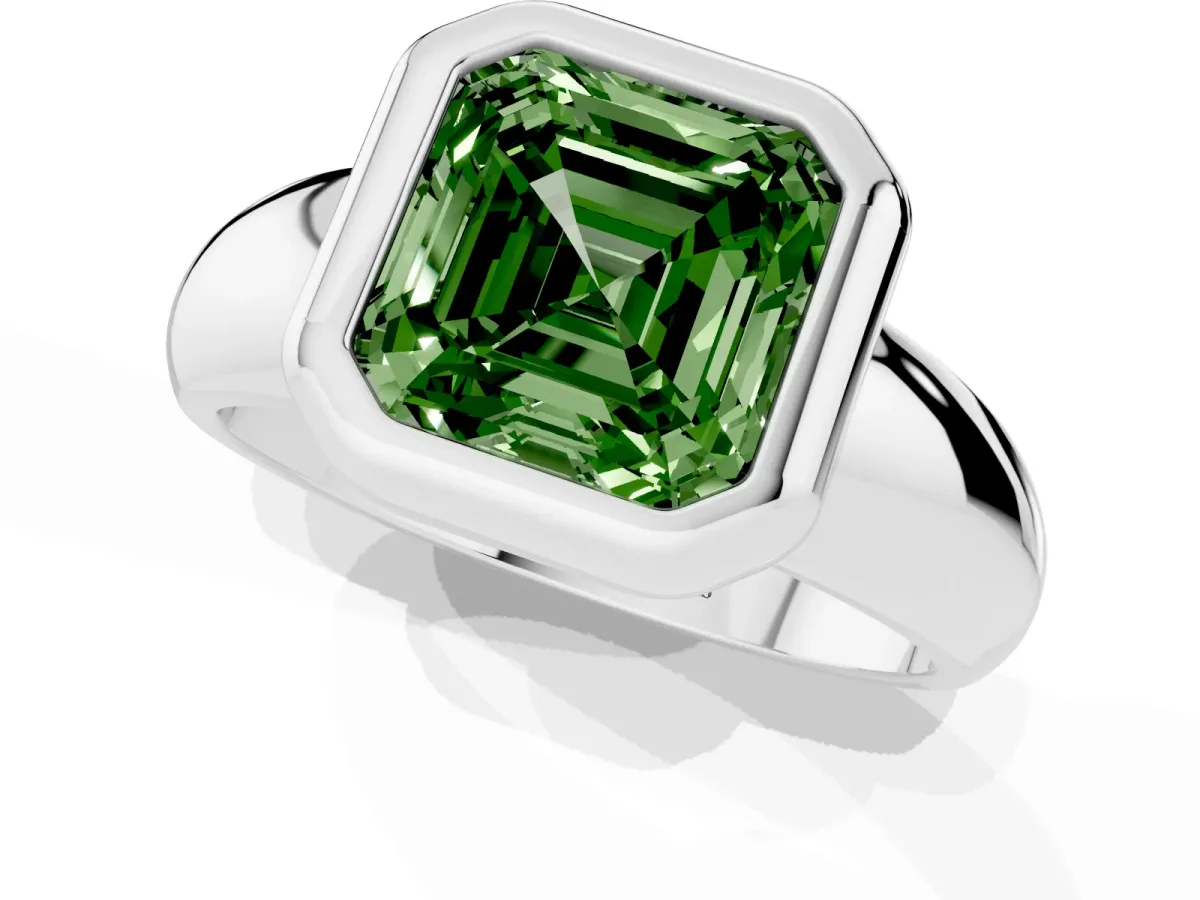 Fancy Green Bezel Set Asscher Cut Solitaire Ring with Wide Band Silver