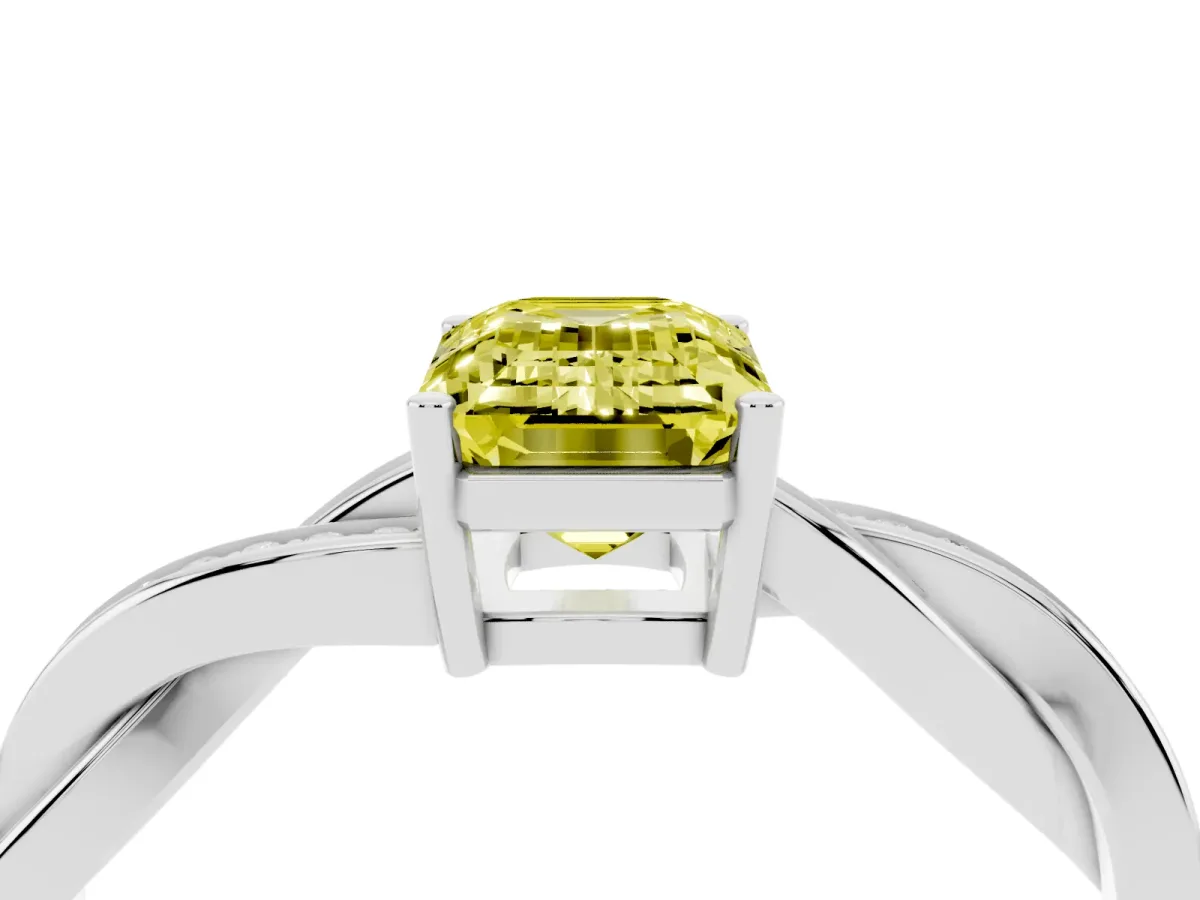 Fancy Yellow Emerald Cut Solitaire Twisted Pave Diamond Ring with Four-Prong Setting White gold