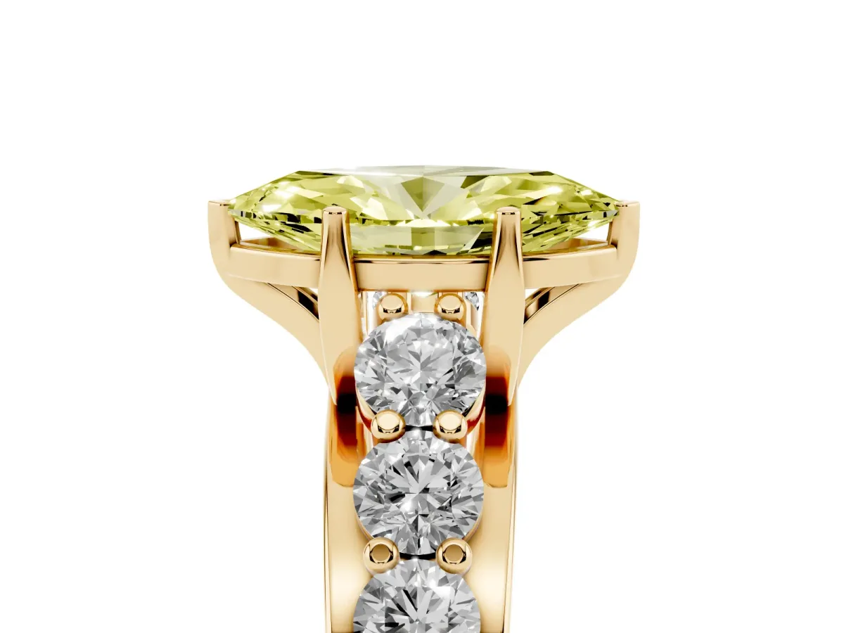 Fancy Yellow Marquise Cut Diamond Engagement Ring with Pavé Band and Four-Prong Setting Yellow gold