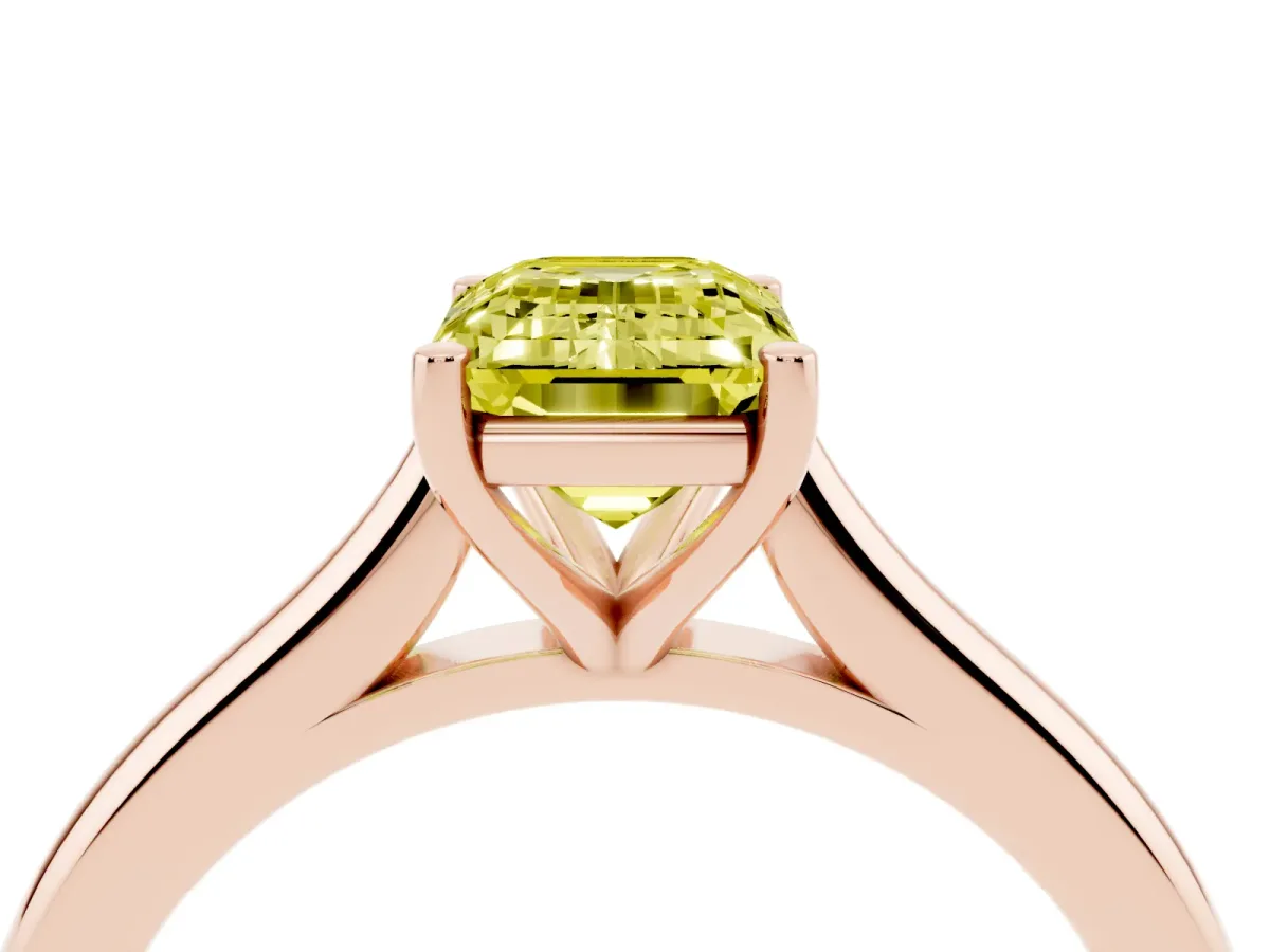 Fancy Yellow Emerald Cut Cut Solitaire Ring with Cathedral Band and Four-Prong Setting Rose gold