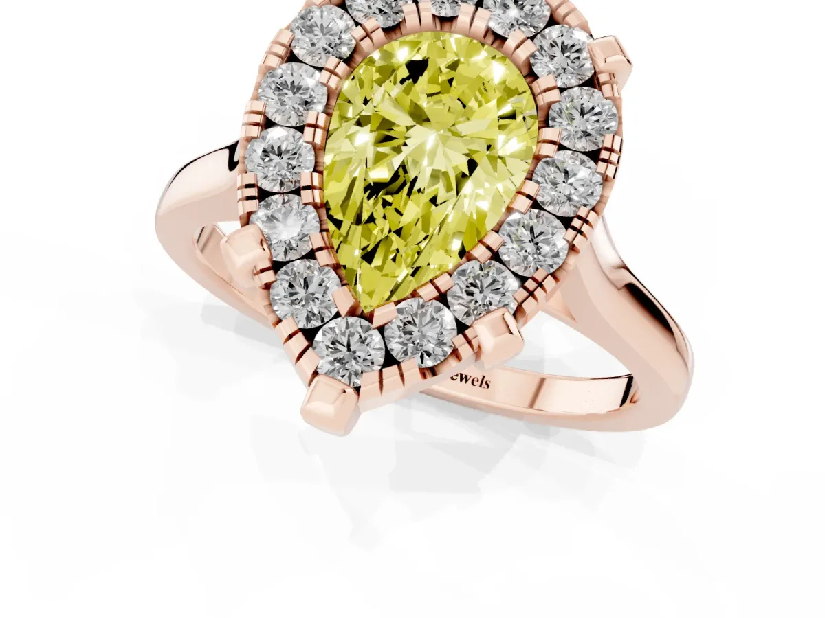 Fancy Yellow Pear Cut Diamond Cluster Halo Solitaire with Four-Prong Setting Rose gold