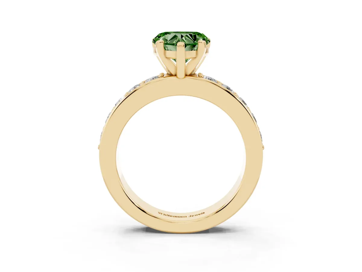 Fancy Green Heart Cut Diamond Engagement Ring with Channel Set Round Band and Prong Setting Yellow gold