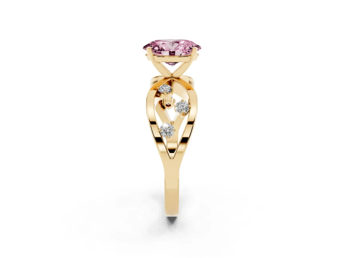 Fancy Pink Oval Cut Cut Solitaire Diamond with Side Stones on Criss-Cross Band and Four-Prong Setting Yellow gold