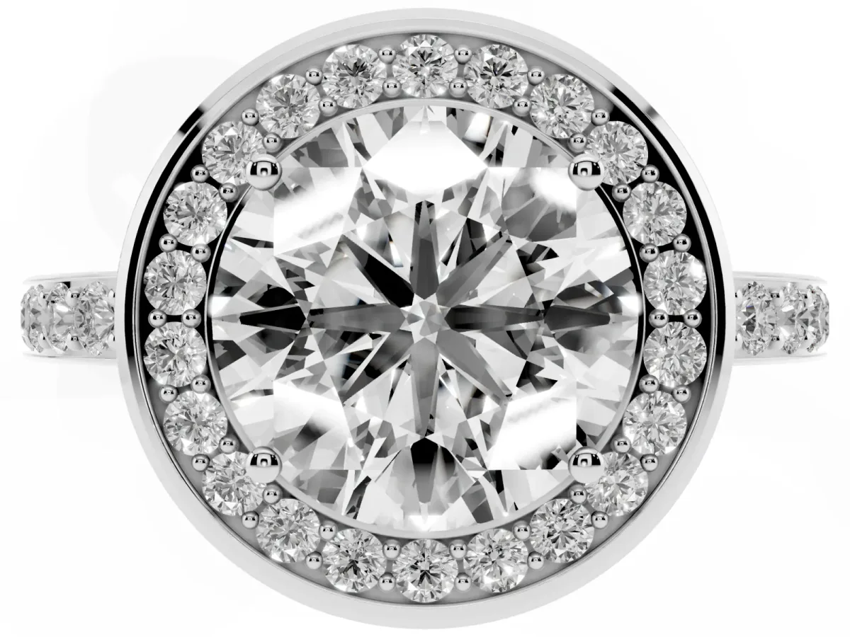 Round Cut Diamond Halo Ring with Bezel Frame and Pavé Band Platinum