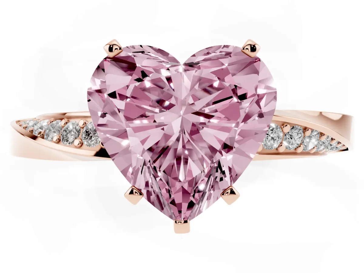Fancy Pink Heart Cut Diamond Engagement Ring with Side Stone Accents and Four-Prong Setting Rose gold