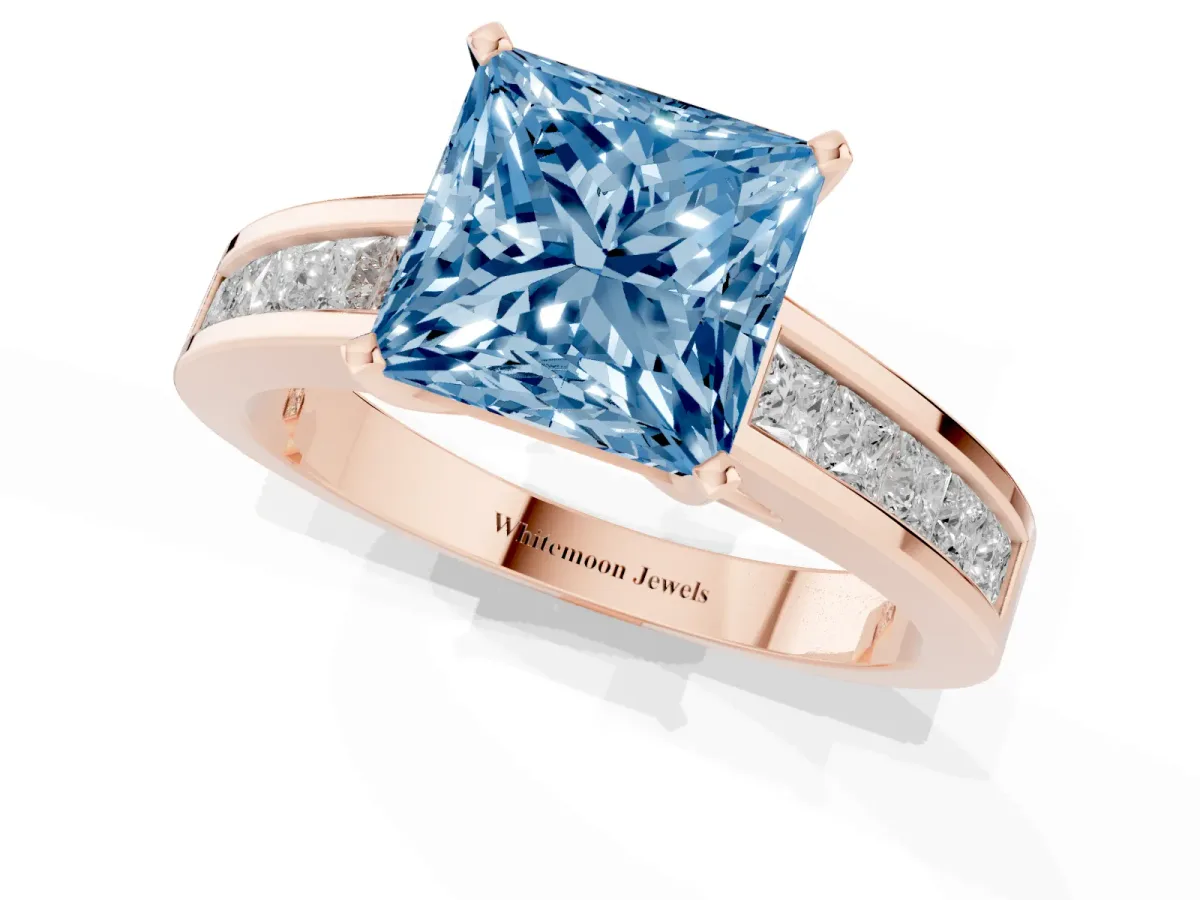 Fancy Blue Princess Cut Solitaire Diamond Ring with Channel-Set Band and Four-Prong Setting Rose gold