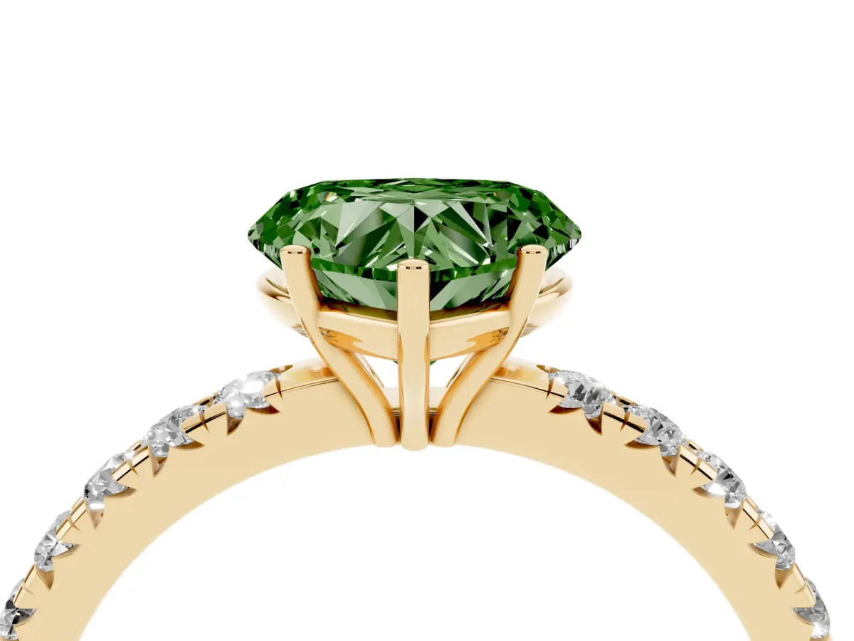 Fancy Green Heart Cut Diamond Pavé Solitaire Engagement Ring with Four-Prong Setting Yellow gold