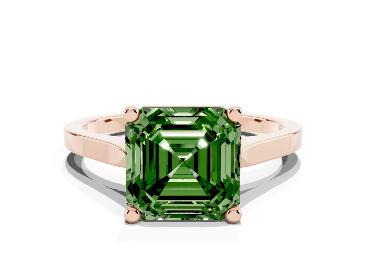 Fancy Green Asscher Cut Solitaire Diamond Ring with Four-Prong Setting and Tapered Band Rose gold
