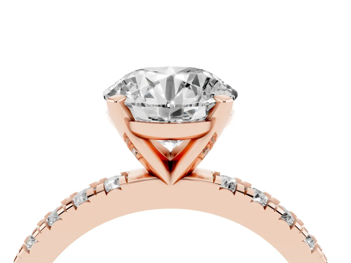 Round Cut Diamond Pavé Band Solitaire with Four-Prong Setting Rose gold
