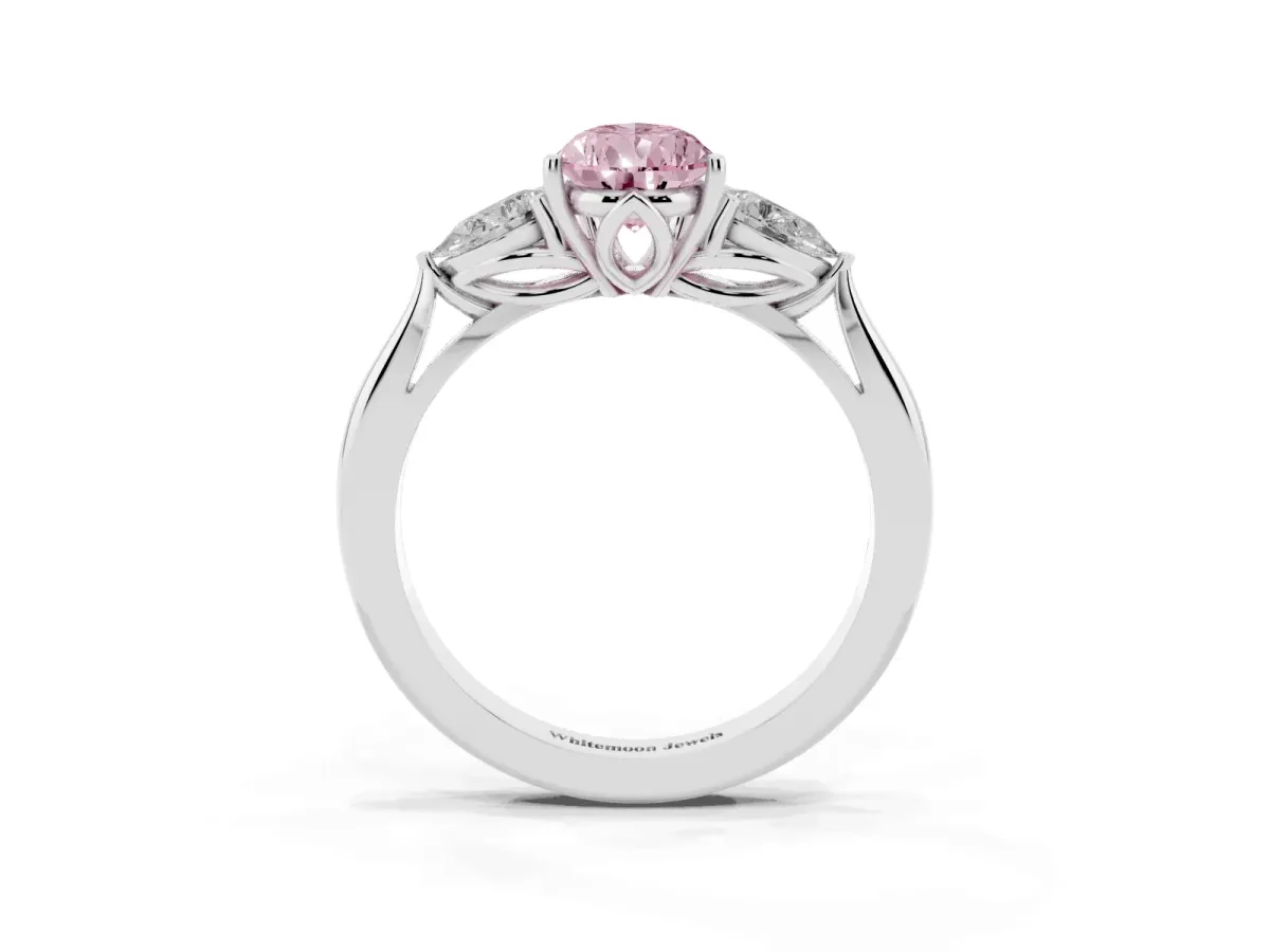 Fancy Pink Three-Stone Pear Cut Diamond Ring with Pear Side Stones in Four-Prong Setting Silver