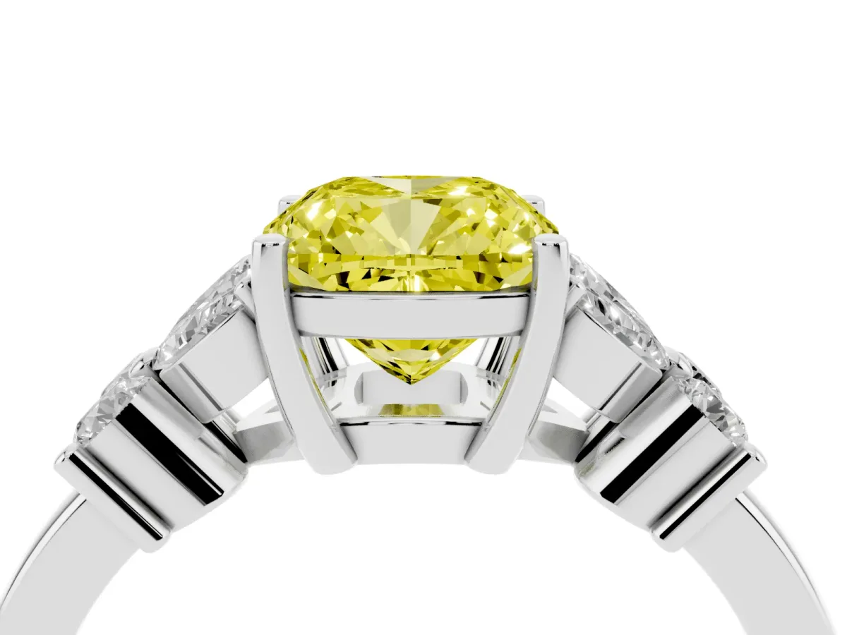 Fancy Yellow Cushion Cut Diamond Floral Cluster Ring with Solitaire Band and Prong Setting Silver