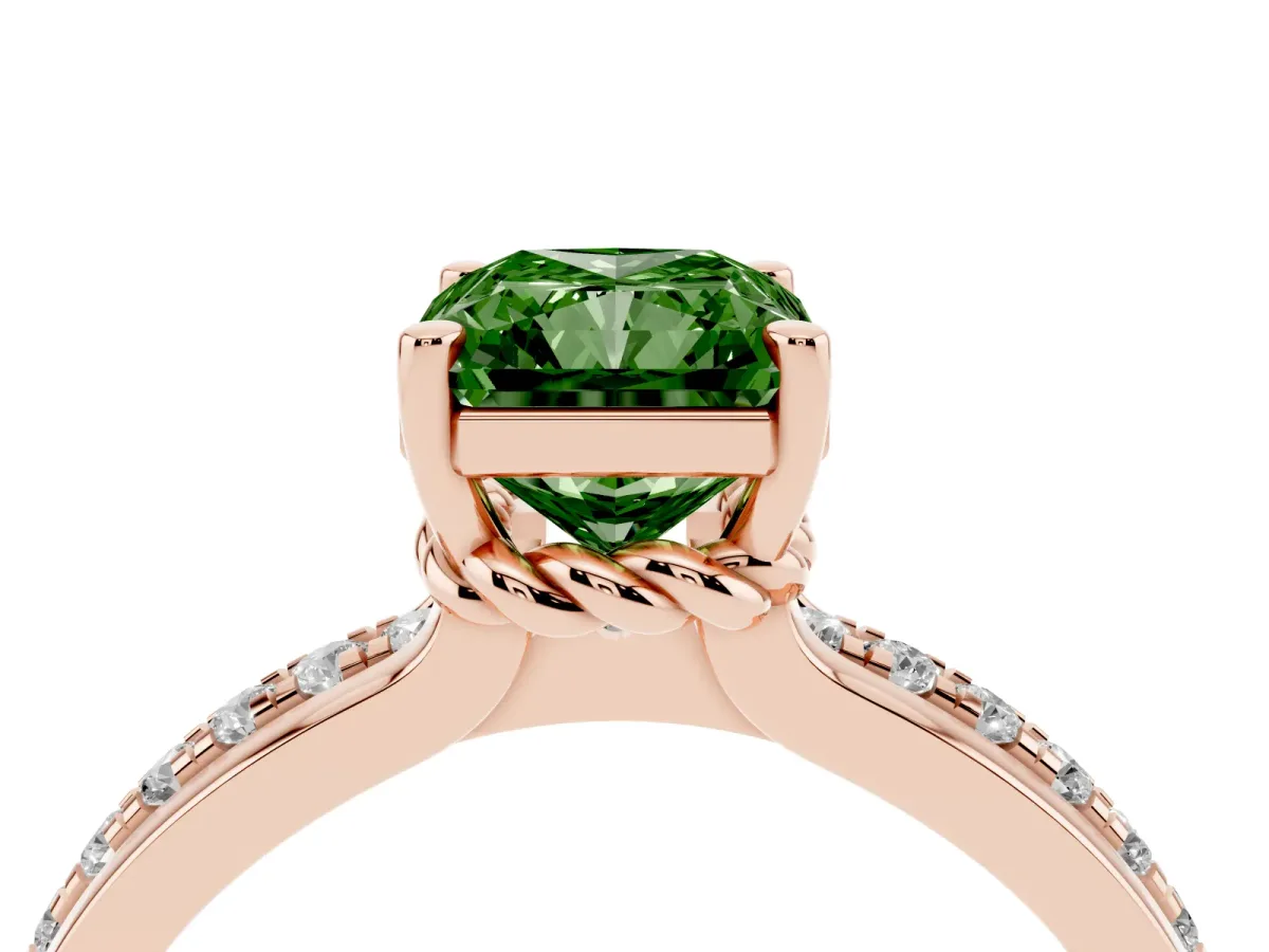 Fancy Green Radiant Cut Solitaire Diamond Ring with Channel Set Band and Six-Prong Setting Rose gold