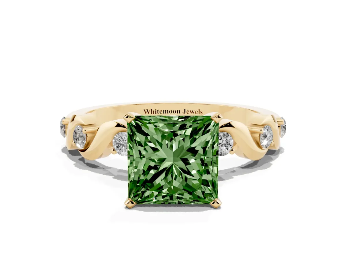 Fancy Green Princess Cut Diamond Solitaire Twisted Band with Round Accents and Prong Setting Yellow gold