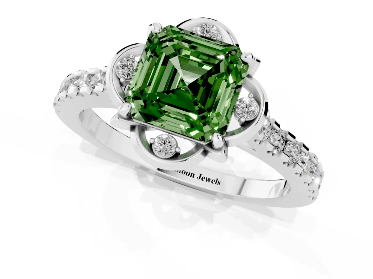 Fancy Green Asscher Cut Diamond Ring with Pavé Band and Floral Prong Setting White gold