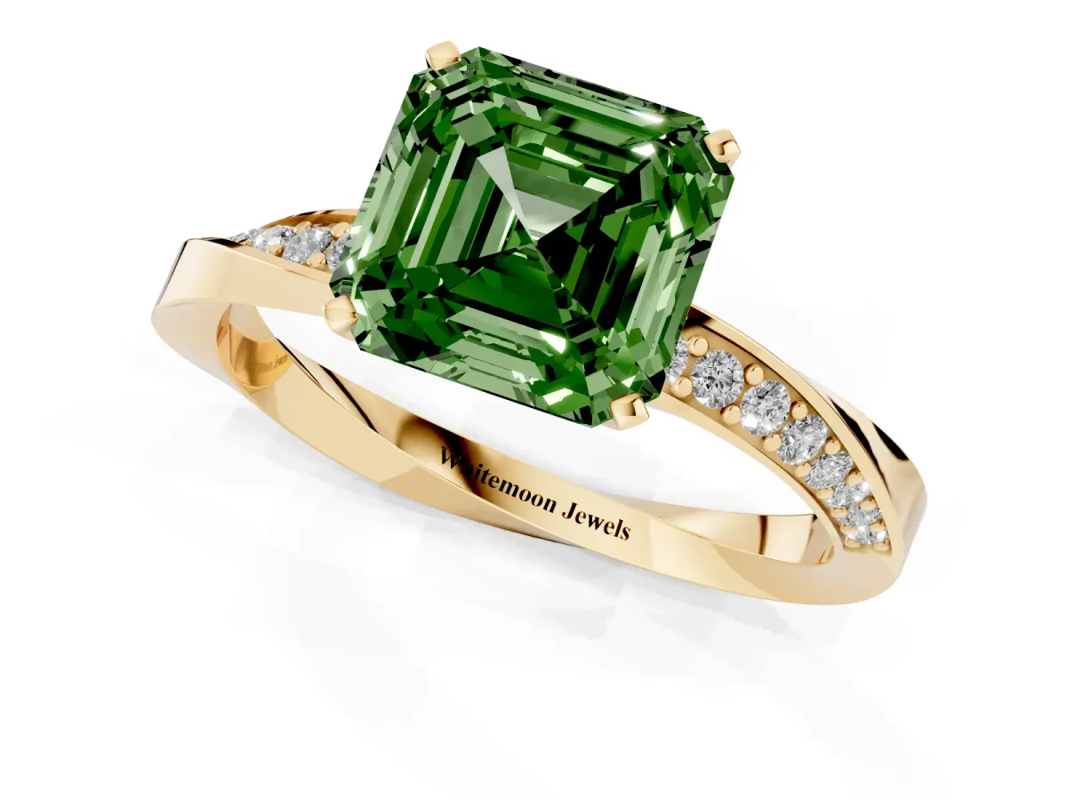 Fancy Green Asscher Cut Diamond Engagement Ring with Side Stone Accents and Four-Prong Setting Yellow gold