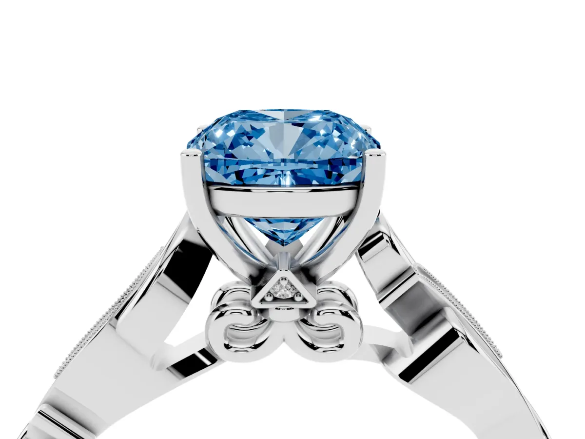 Fancy Blue Cushion Cut Solitaire Vine Band with Milgrain Prong Setting Silver
