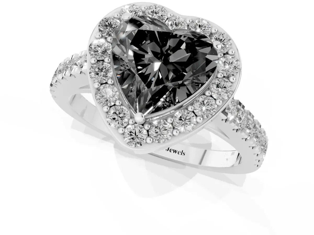 Fancy Black Heart Cut Diamond Halo Ring with Round Pavé Split Shank and Prong Setting Silver