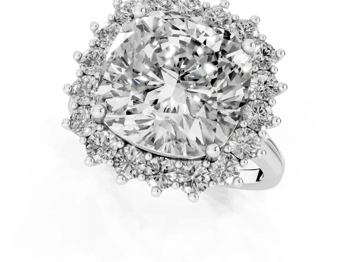Cushion Diamond Halo Engagement Ring with Round Diamond Accents White gold