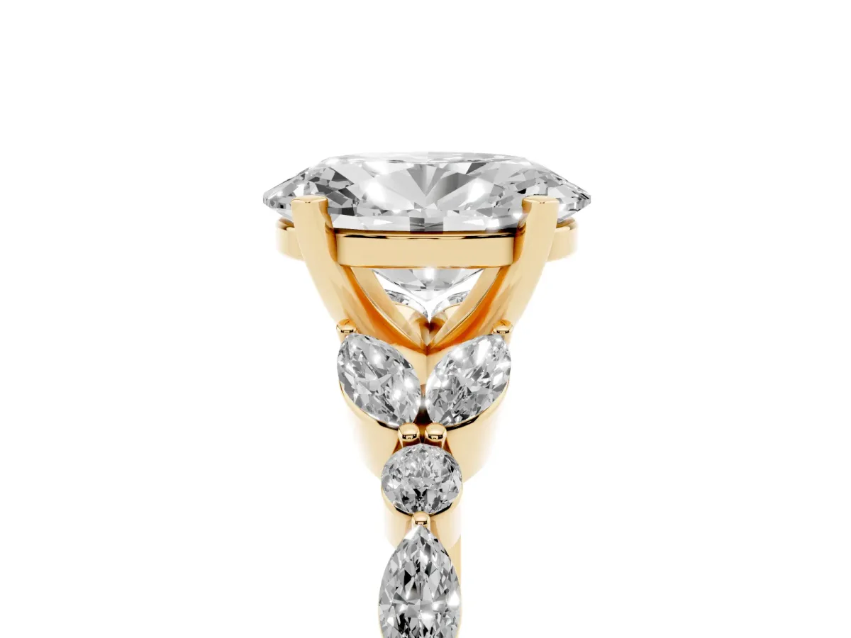 Oval Cut Diamond Solitaire Ring with Side Stones and Four-Prong Setting Yellow gold