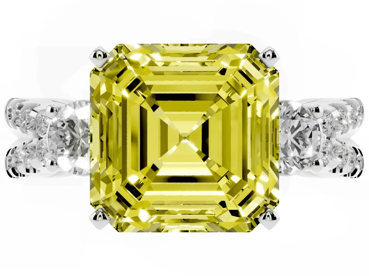 Fancy Yellow Asscher Cut Diamond Three-Stone Ring with Pavé Split Shank and Four-Prong Setting Silver