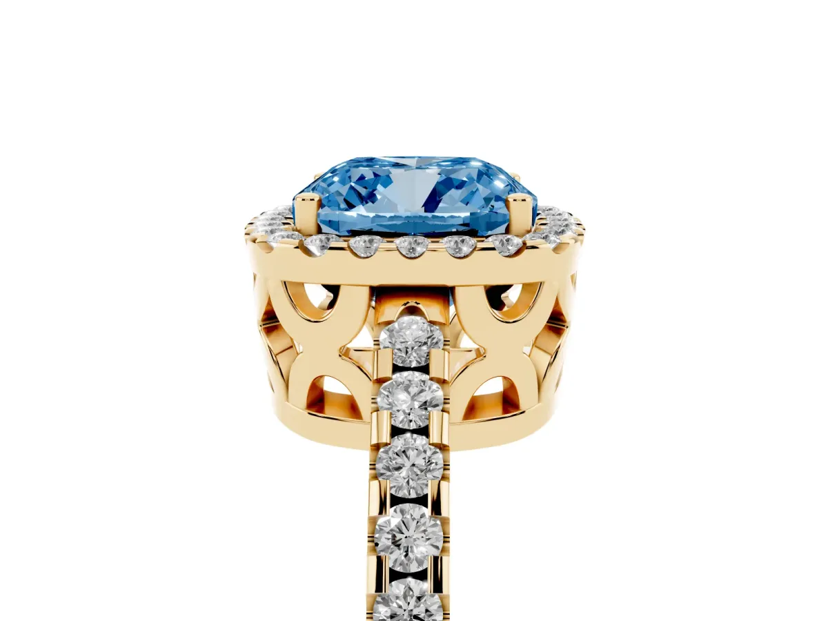 Fancy Blue Cushion Cut Diamond Halo Engagement Ring with Pavé Band and Prong Setting Yellow gold