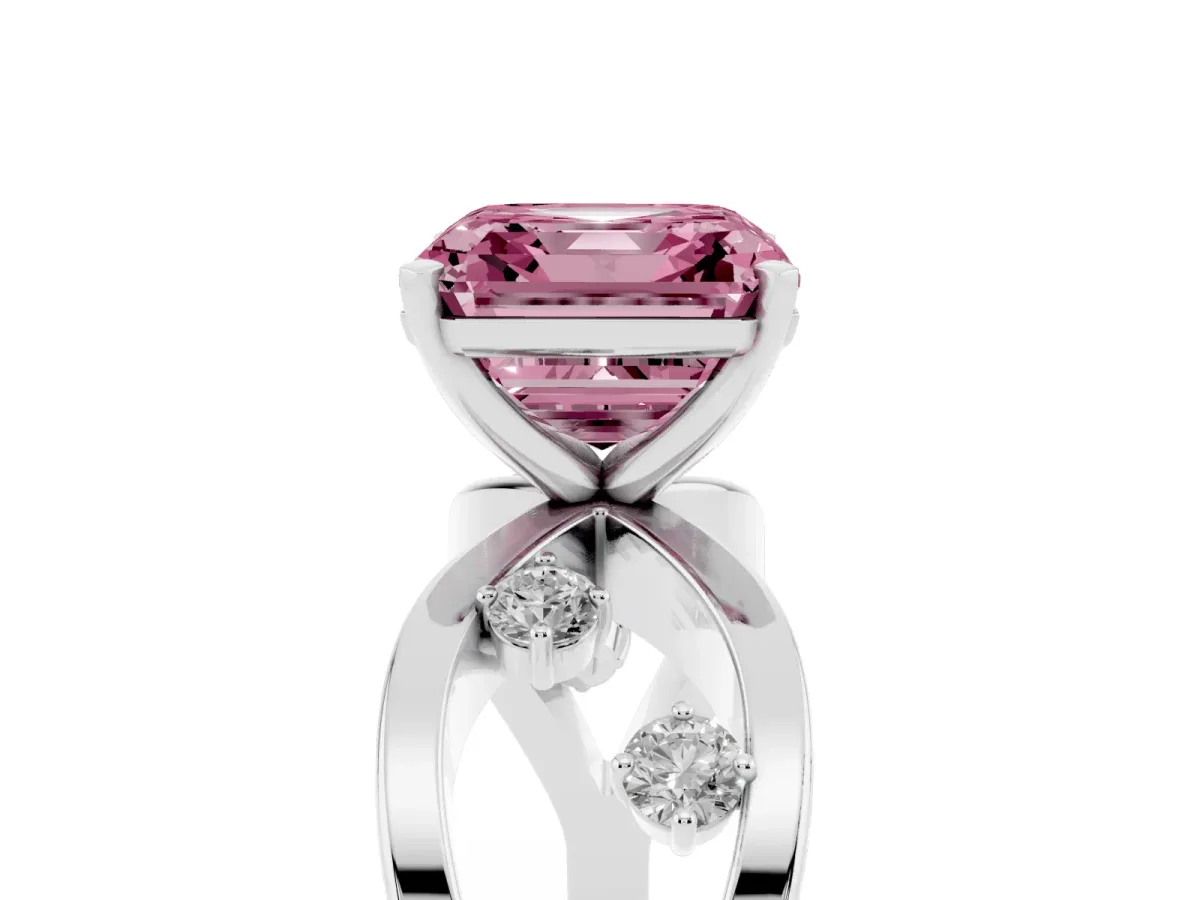 Fancy Pink Asscher Cut Cut Solitaire Diamond with Side Stones on Criss-Cross Band and Four-Prong Setting Platinum