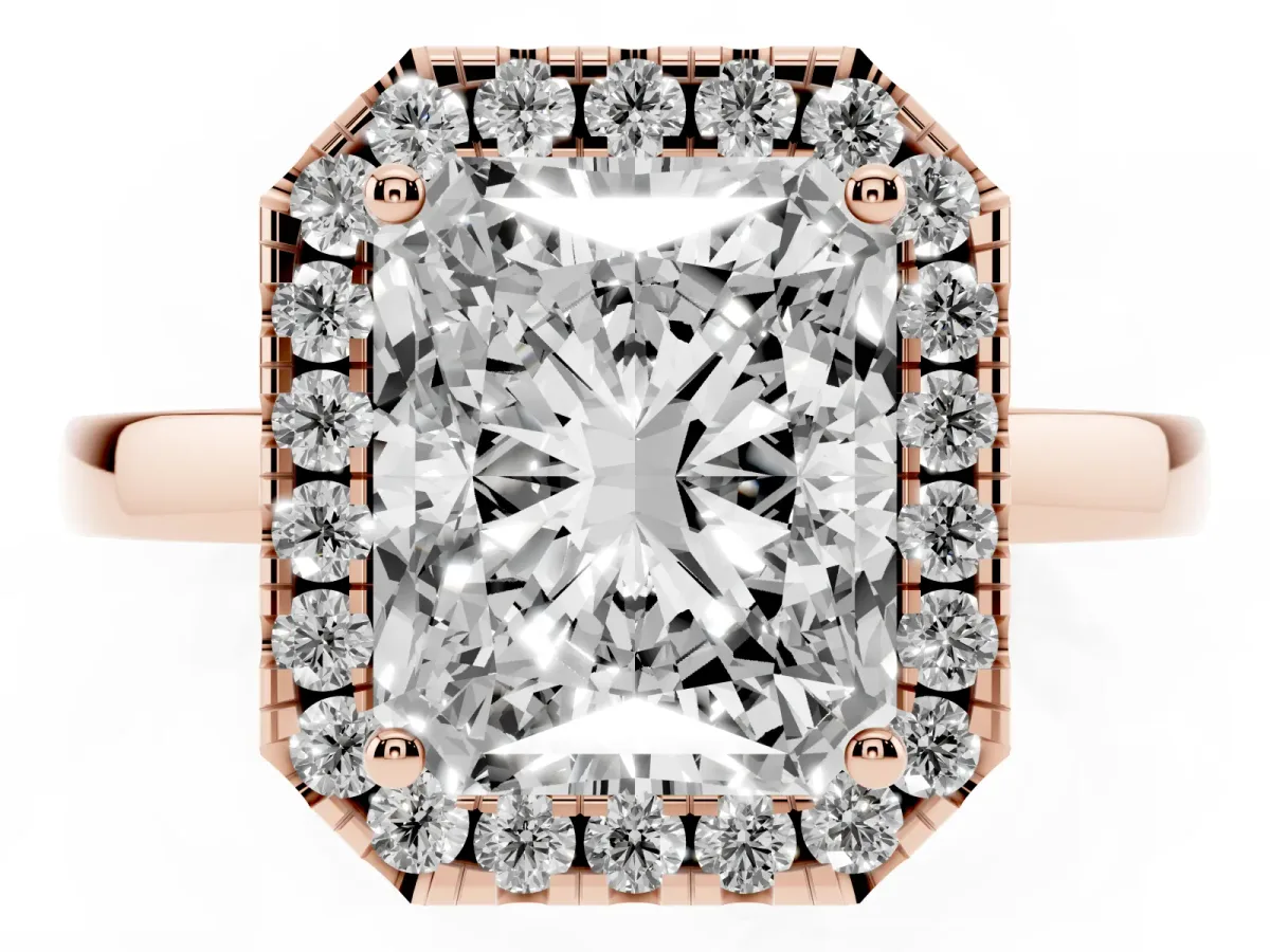 Radiant Cut Halo Diamond Solitaire with Pavé Band and Four-Prong Setting Rose gold