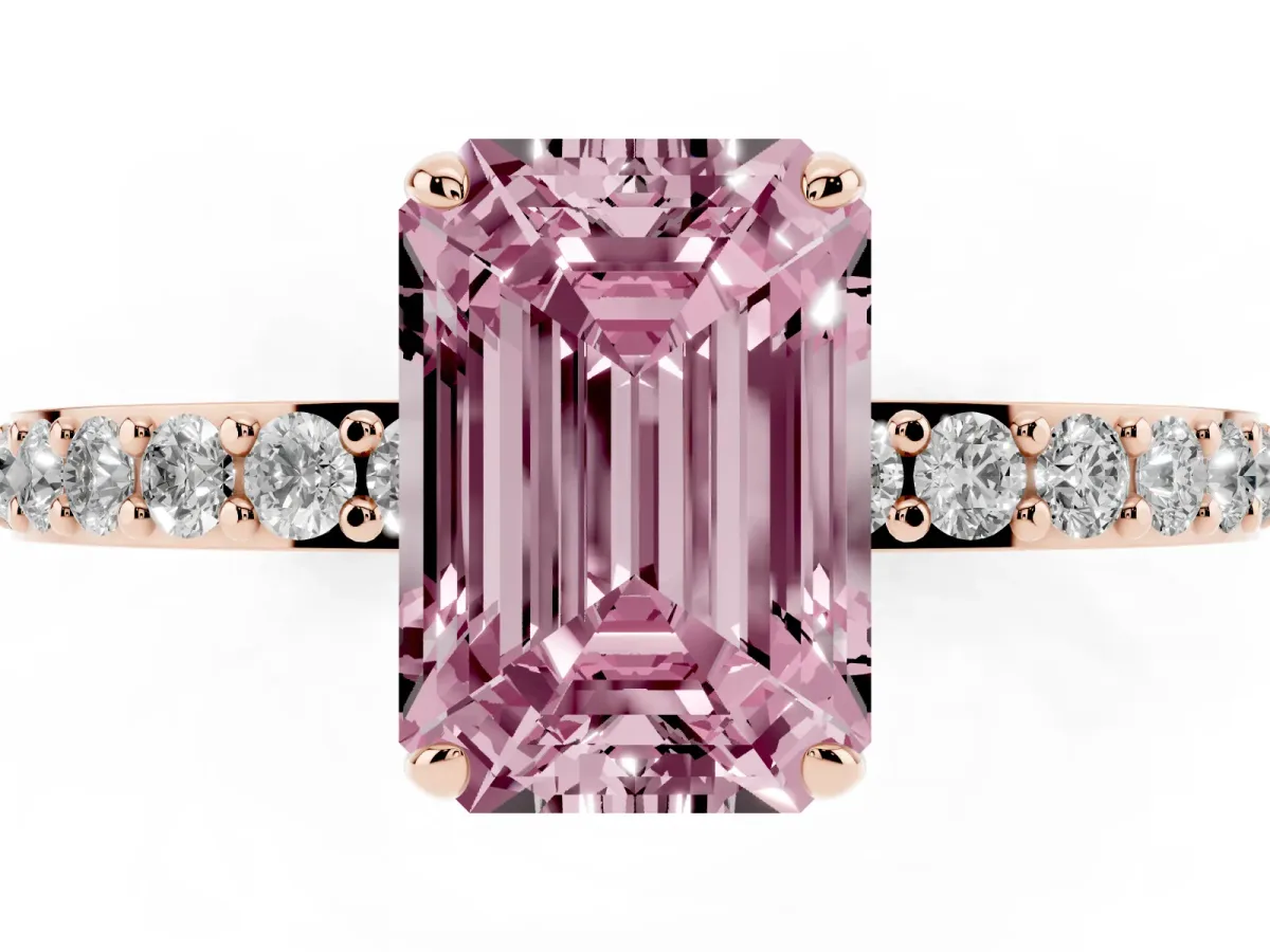 Fancy Pink Emerald Cut Diamond Solitaire Engagement Ring with Pavé Band and Four-Prong Setting Rose gold