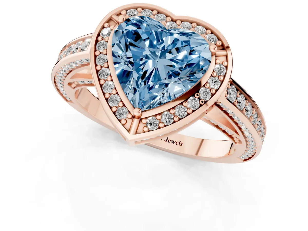 Fancy Blue Heart Cut Cut Halo Pave Split Shank Prong Setting Ring Rose gold