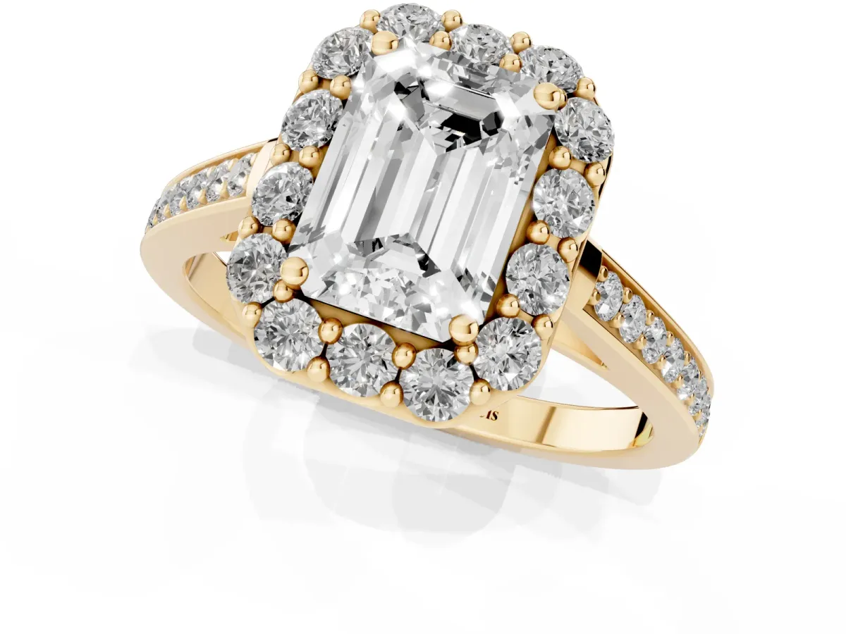 Emerald Cut Diamond Floral Halo Ring with Pavé Band and Prong Setting Yellow gold