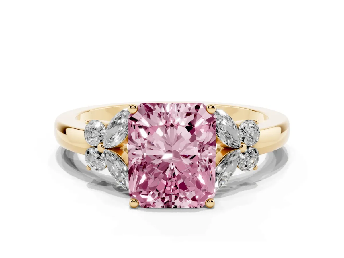 Fancy Pink Radiant Cut Cut Solitaire Floral Diamond Ring with Four-Prong Setting Yellow gold