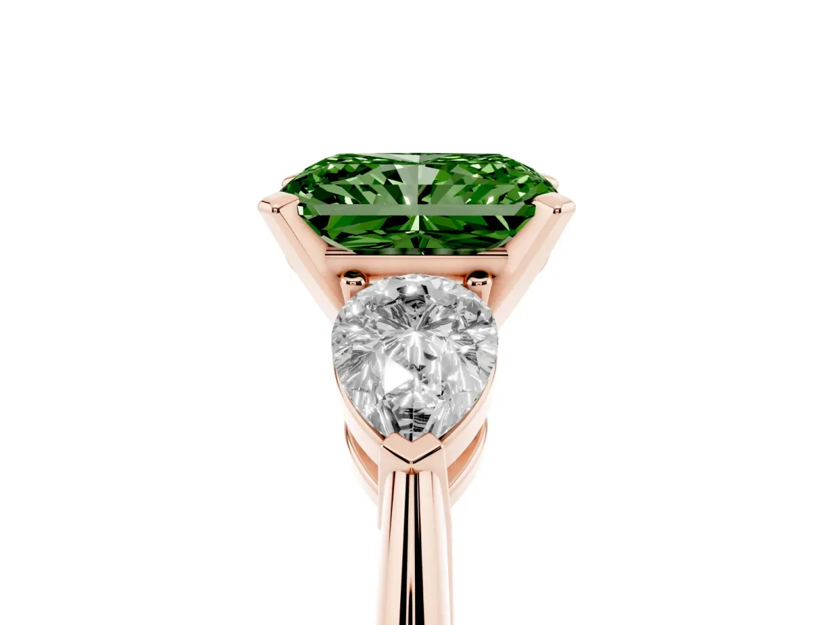 Fancy Green Three-Stone Radiant Cut Diamond Ring with Pear Side Stones and Four-Prong Setting Rose gold