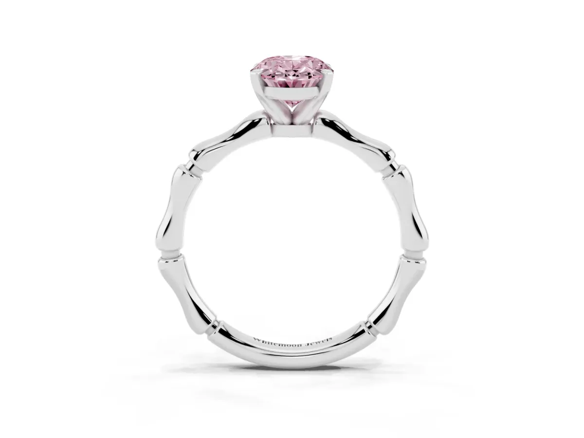 Fancy Pink Oval Cut Solitaire Diamond Ring with Bamboo Band and Four-Prong Setting Silver