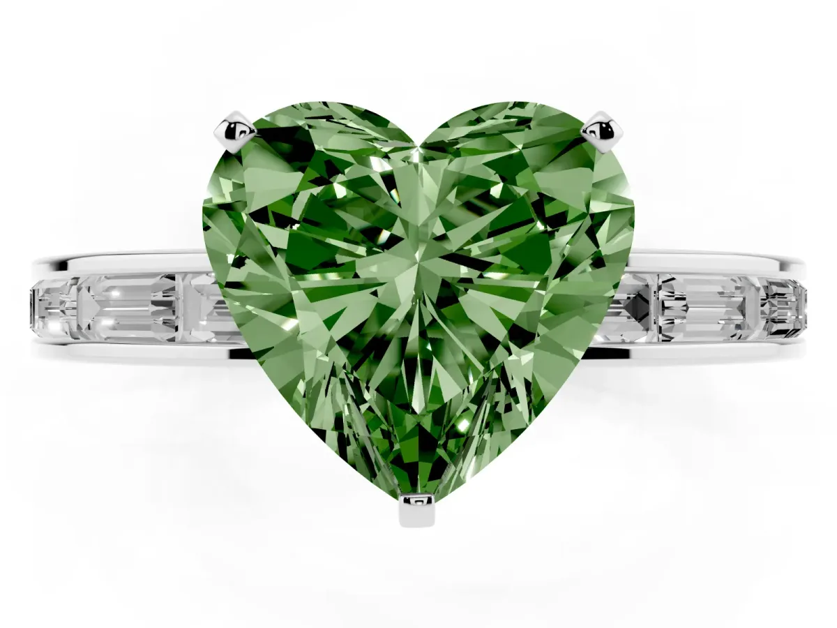 Fancy Green Heart Cut Solitaire Diamond Ring with Channel-Set Baguette Band and Four-Prong Setting Platinum
