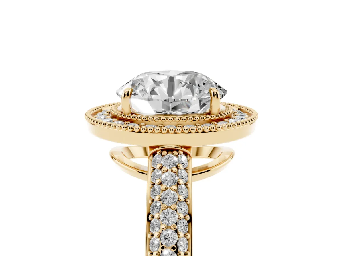 Round Cut Cut Halo Diamond Pave Band with Four-Prong Setting Yellow gold