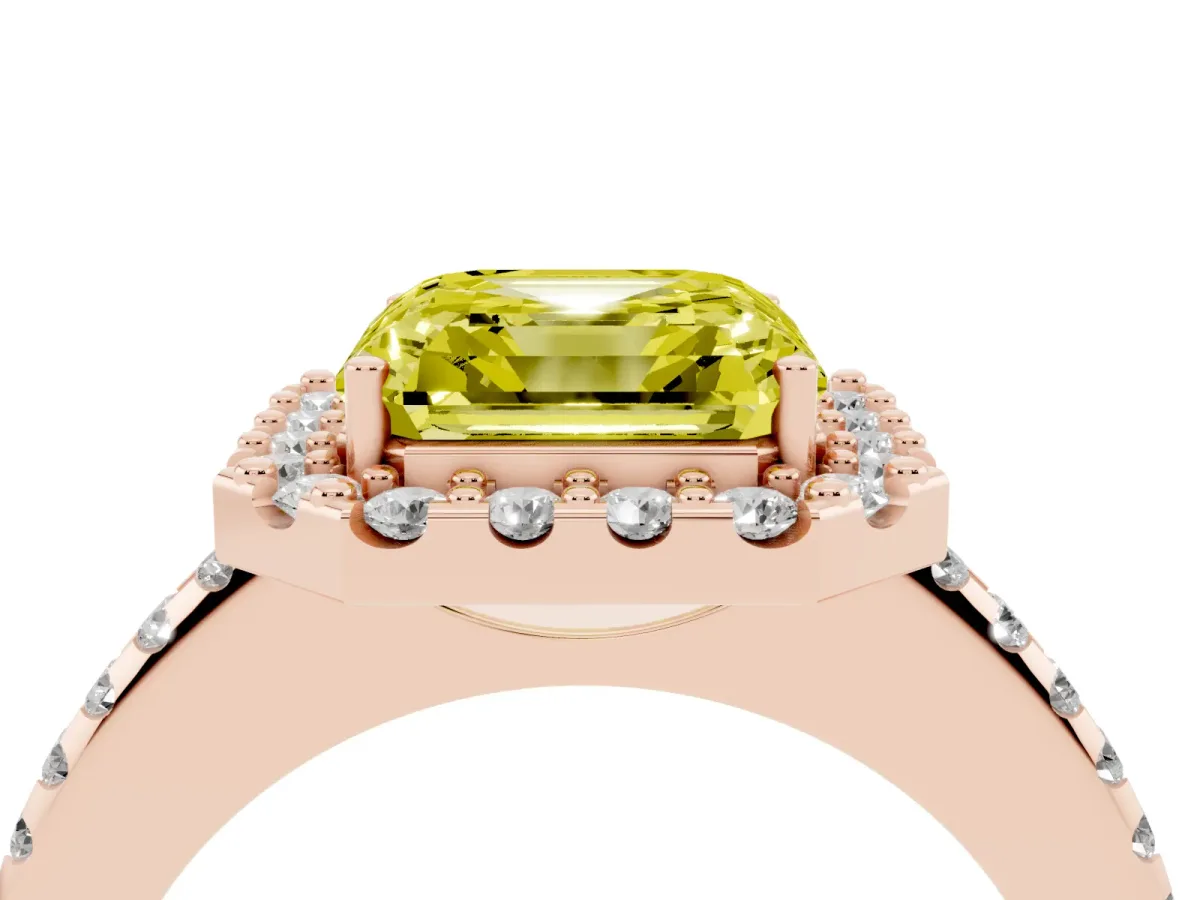 Fancy Yellow Asscher Cut Diamond Pavé Halo Ring with Four-Prong Setting Rose gold
