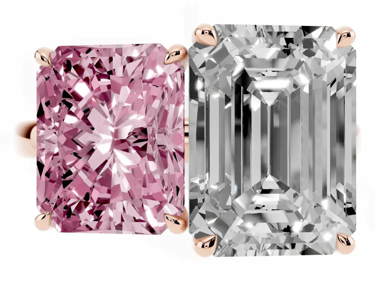 Fancy Pink Radiant Cut and Emerald Cut Toi Moi Ring with Prong Setting Rose gold