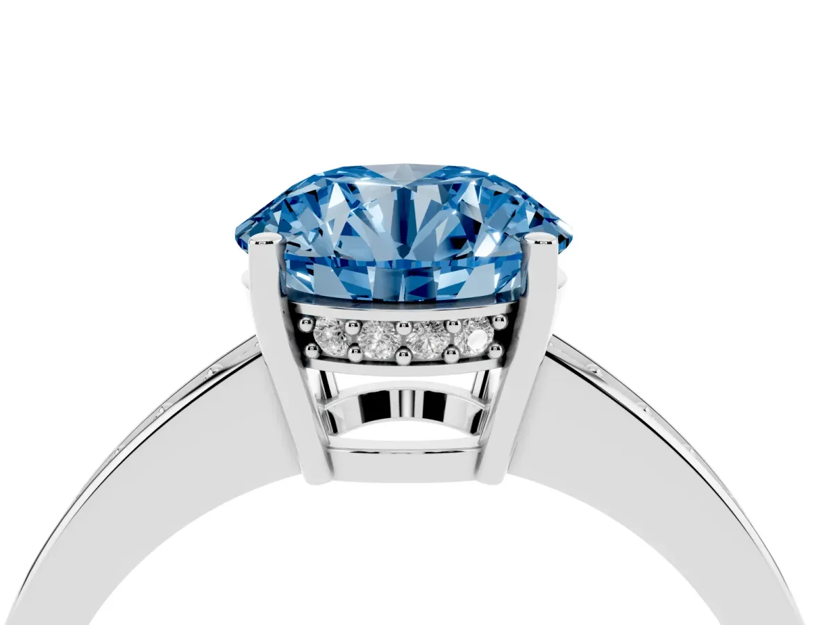 Fancy Blue Round Cut Solitaire Pavé Band Prong Setting Ring Silver